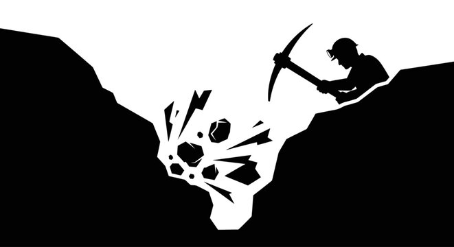 miner extracting resources black and white silhouette illustration for mining industry and resource extraction concepts