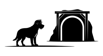brave terrier dog ready for mine shaft exploration black and white silhouette illustration perfect for mining pet or adventure branding