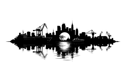 Obraz premium dramatic silhouette of a city harbor port cityscape at sunset ideal for maritime industrial and transportation designs