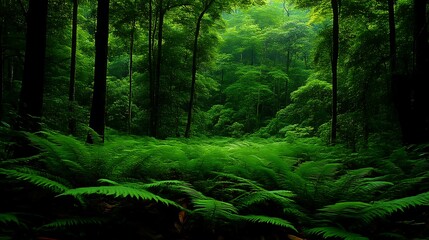 Obraz premium Lush green forest floor covered in ferns.