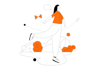 Cheerful woman sending an email from a creative world, enjoying the modern digital communication with a paper airplane and speech bubble, symbolizing freedom, delivery and positivity in the new era