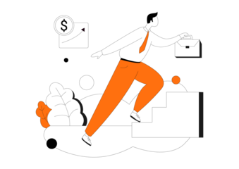 Energetic businessman climbs steps to financial success, carrying briefcase and striving for growth in a dynamic career, illustrating ambition and achievement in modern business ventures