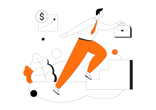 Energetic businessman climbs steps to financial success, carrying briefcase and striving for growth in a dynamic career, illustrating ambition and achievement in modern business ventures - Powered by Adobe