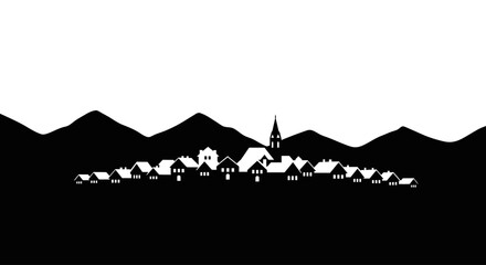 peaceful mountain village silhouette black and white illustration for travel real estate or idyllic community projects