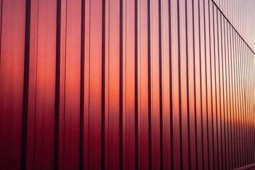 Modern red facade reflects warm sunset hues in vertical lines