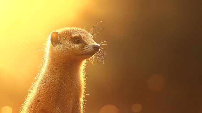 A curious meerkat stands alert in the warm glow of golden hour sunlight