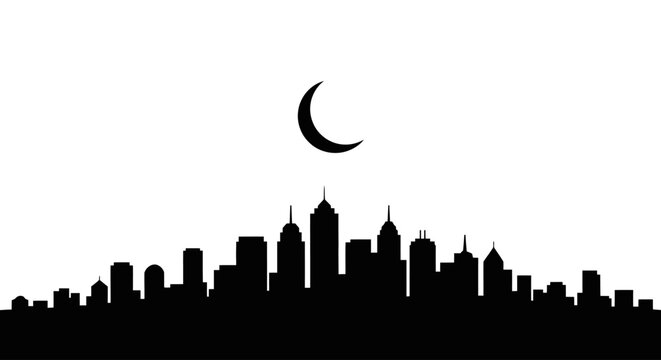 serene nightscape elegant city skyline silhouette under a crescent moon for design projects websites and peaceful ambiance