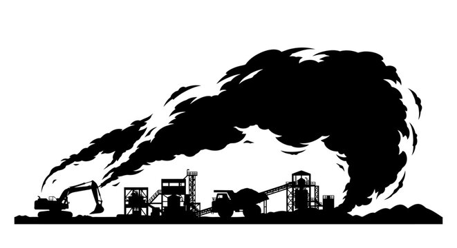 industrial pollution dramatic silhouette of mining operation and immense smoke plume perfect for environmental reports advocacy campaigns and pollution awareness materials