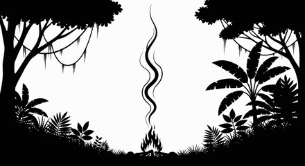 tropical rainforest silhouette with campfire perfect for adventure travel and naturethemed designs book covers and presentations