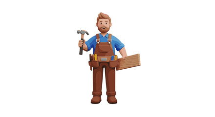 A carpenter in overalls holding a hammer and a piece of wood with a tool belt around his waist and smiling on transparent background