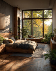 Serene Bedroom Oasis: A spacious, sun-drenched bedroom features a luxurious wooden bed frame and inviting ambiance.