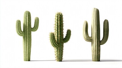 Three Tall Cacti Isolated on White Background - Professional Image for Adobe Stock Photos