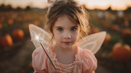Portrait of a young girl in a fairy costume holding a wand in a pumpkin patch during autumn time