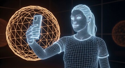 A digital wireframe woman holding a smartphone in front of a glowing sphere