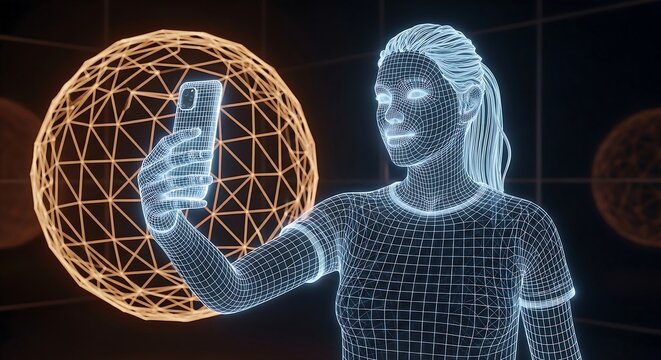 A digital wireframe woman holding a smartphone in front of a glowing sphere