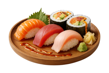 A delicious assorted sushi set with salmon, tuna nigiri, and maki rolls on a wooden plate with wasabi. Isolated on Transparent Background, PNG