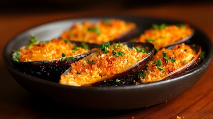 Baked mussels with breadcrumb topping served in a dark bowl on a wooden table