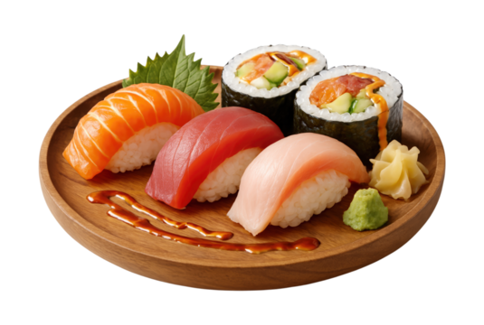 A delicious assorted sushi set with salmon, tuna nigiri, and maki rolls on a wooden plate with wasabi. Isolated on Transparent Background, PNG