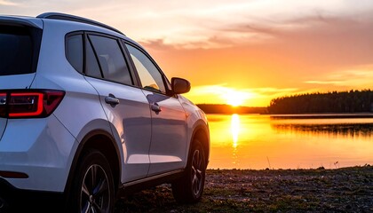 Obraz premium SUV at sunset by lake