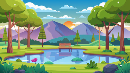 Serene park with a pond bench and mountains at sunset