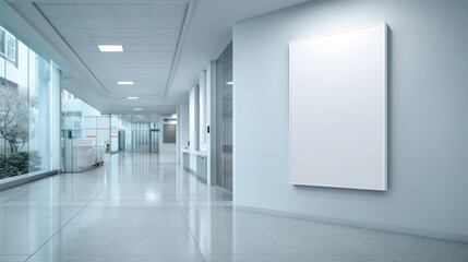 Stunning photo of mockup poster on wall in hospital corridor. Empty white A4 paper for text, ad, presentation, advertising, marketing. Medical center clinic.