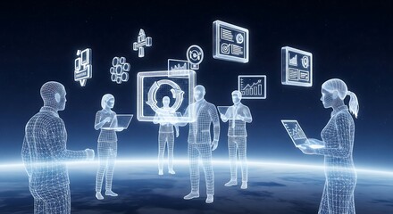 Diverse team interacting with digital interfaces and data charts in a futuristic setting