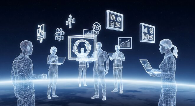 Diverse team interacting with digital interfaces and data charts in a futuristic setting