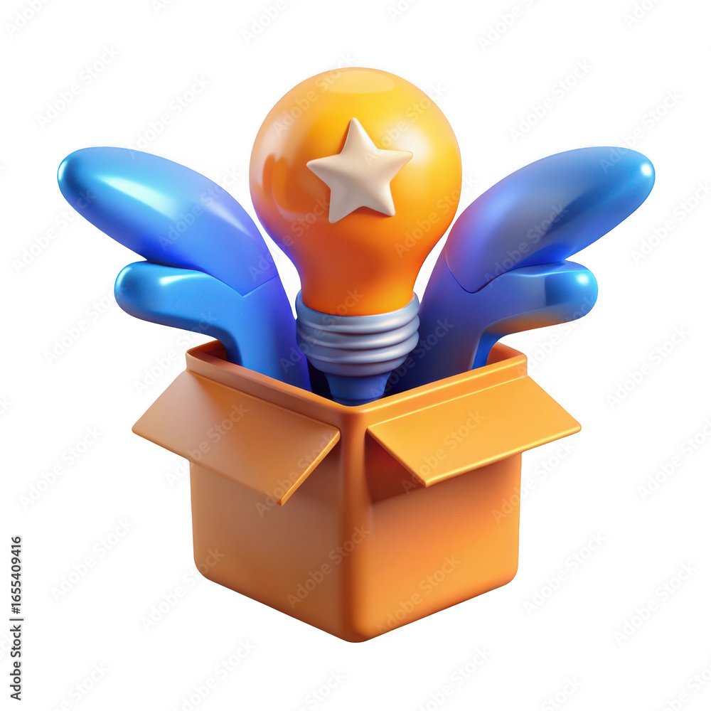 Poster 3d idea lightbulb with wings emerging from a box isolated on transparent background
