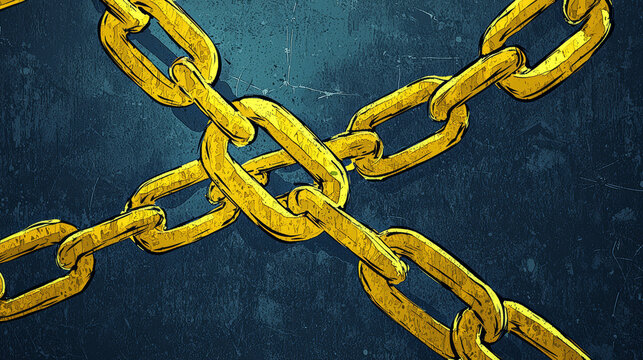 Two golden, textured chains cross to form an 'X' against a dark blue, scratched background. The chains have a slight illustrative quality with visible lines.