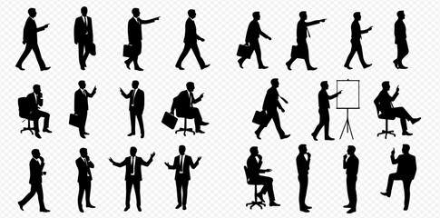 A collection of black silhouettes of businessmen in various professional poses and activities, such as walking, sitting, and presenting.