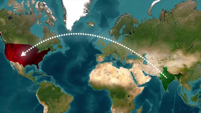 World map flight route animation, USA to India travel path, dotted arc motion graphic