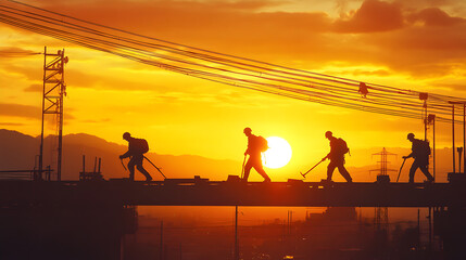 Fototapeta premium Silhouetted construction workers walking on a beam at sunset with tools and safety gear visible