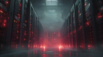 Futuristic server room with glowing red lights and AI data processing