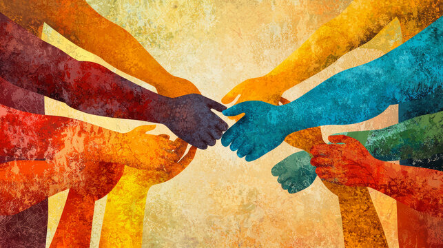 A vibrant, textured illustration depicts multiple hands of diverse colors interlocking. It symbolizes unity, collaboration, and a global community.