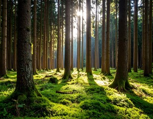 Obraz premium Sunlight streams through a dense forest