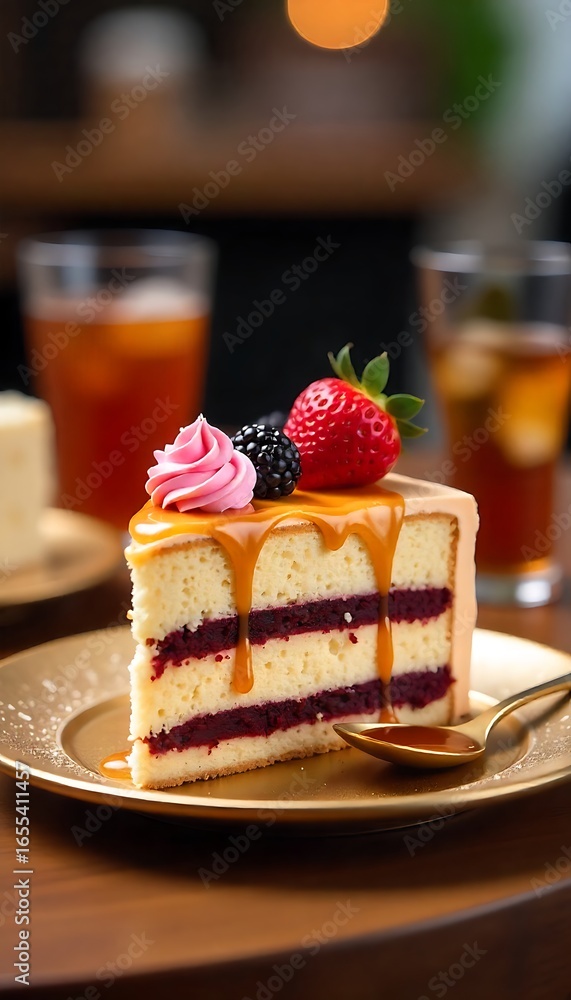 Poster generative ai image of a delicious cake with berries and glaze.