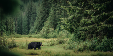 Black bear walking in a lush green forest