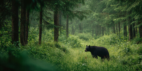 Black bear walking in lush green forest habitat