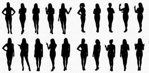 A collection of black silhouettes of women standing in various poses and gestures.