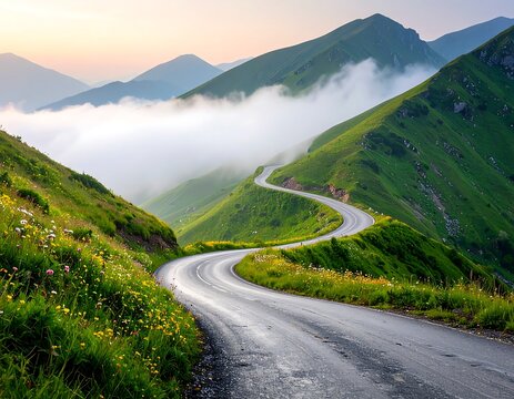 Winding mountain road through mist at dawn - Powered by Adobe