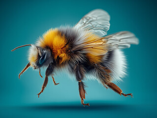 Bumblebee flying with spread wings on turquoise background