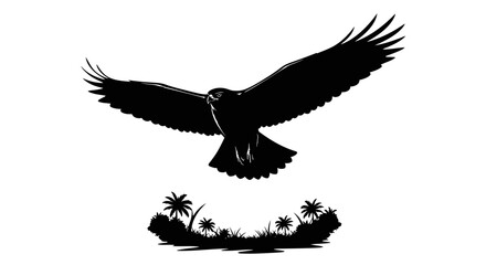 Obraz premium majestic black silhouette of a hawk soaring above tropical paradise perfect for logos branding and natureinspired designs