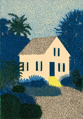 Pointillist painting depicting tropical house surrounded by lush vegetation