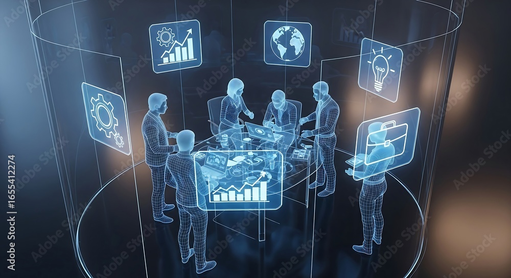 Poster holographic business meeting with digital data visualizations and team collaboration