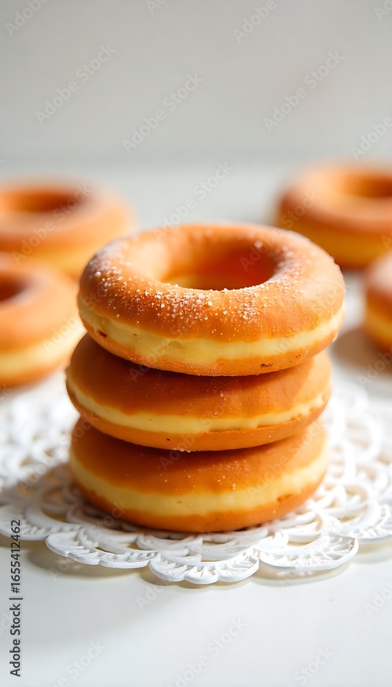 Poster Generative AI Image: Stacked Sugar Doughnuts on Doily Display.
