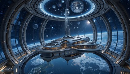 Futuristic space station orbiting Earth, showcasing advanced technology and breathtaking cosmic views