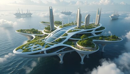 Stunning futuristic floating city showcases sustainable urban living with lush green spaces and modern architecture.