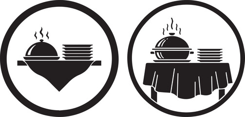 Buffet icon set illustration in black and white representing catered food services