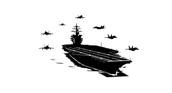 aircraft carrier and fighter jets powerful silhouette image for military aviation and naval projects