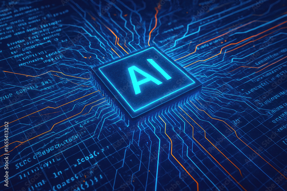 Poster ai chip on a circuit board with glowing blue and orange lines and digital code artificial intelligen